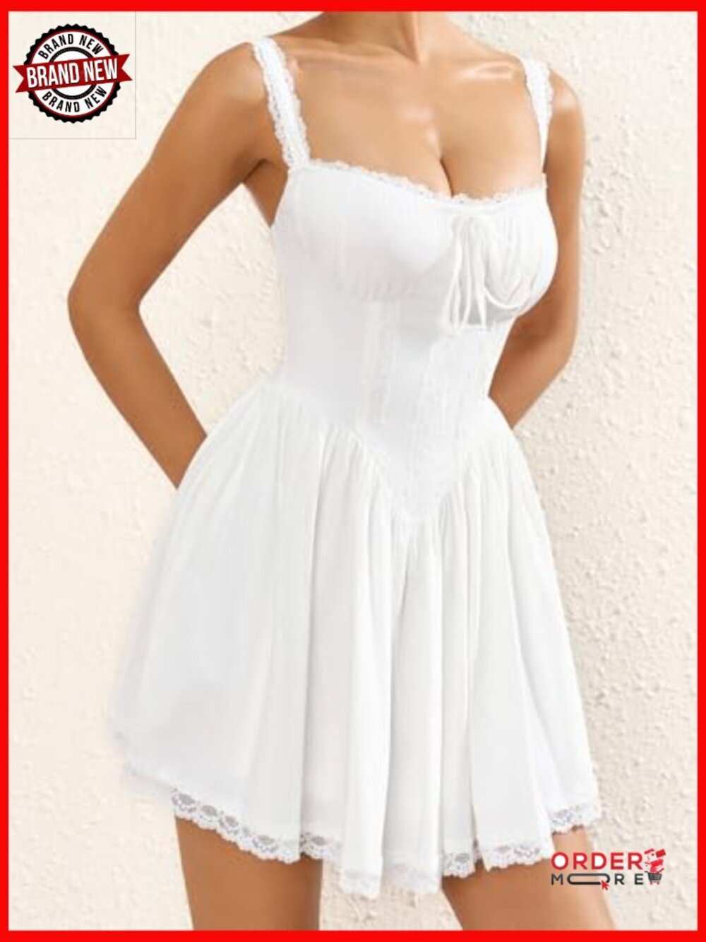 Floral Mini Dress Square Neck Tie Front Lace Ruched Backless Party - Picture 3 of 7